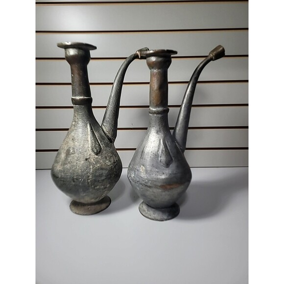 Antique Persian Copper Aftabeh Pitcher Water Ewer Set Of 2 Metal Jugs - Picture 7 of 9